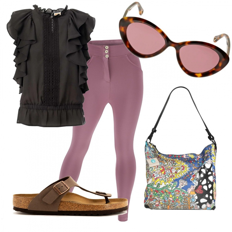 Outfit donna - Total look #1382017. Stile Casual per Tutti i giorni. Abbinamento con borse a spalla, ciabatte, pantaloni skinny, bluse, occhiali da sole.