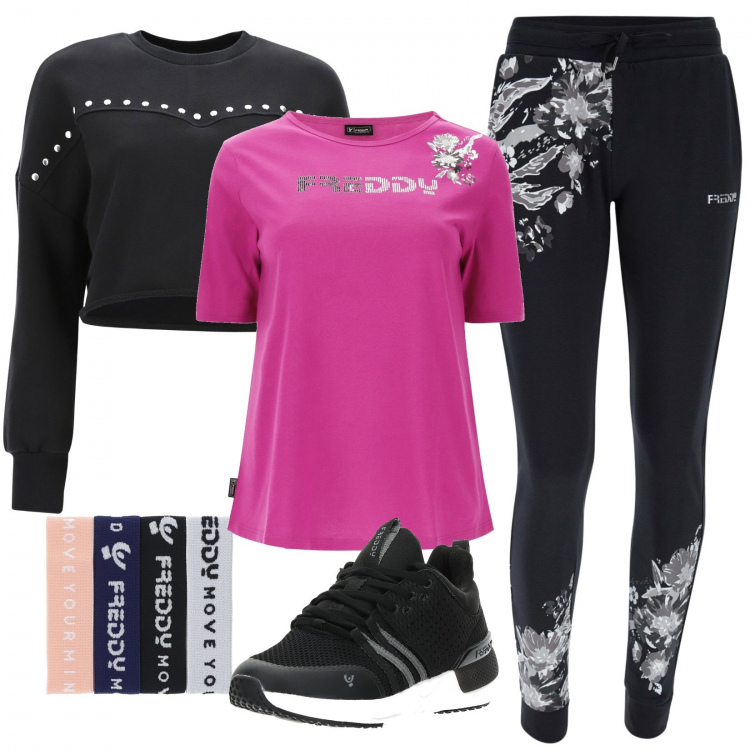 Outfit donna - Total look Freddy. Stile Sporty chic per Sport. Abbinamento con braccialetti, pantaloni, scarpe sportive, t-shirt, felpe.