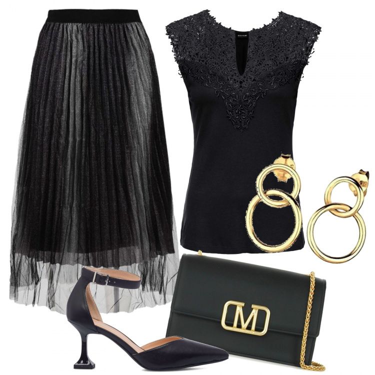 Outfit donna - Nero ed oro. Stile Glamour per Cerimonia. look ideale per Petite. Abbinamento con top, gonne lunghe, borse a tracolla, décolleté, orecchini.