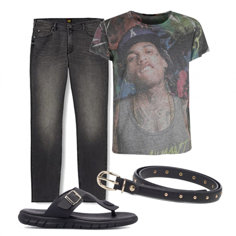 Outfit uomo - Urban #7081. Stile Urban per Tutti i giorni. Abbinamento con t-shirt, sandali, cinture, jeans.