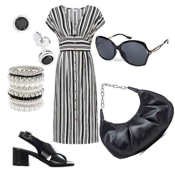 Outfit donna - Bianco e nero, eleganza senza tempo. Stile Basic per Tutti i giorni. Abbinamento con vestiti, braccialetti, sandali in pelle, borse a mano, occhiali da sole, orecchini.