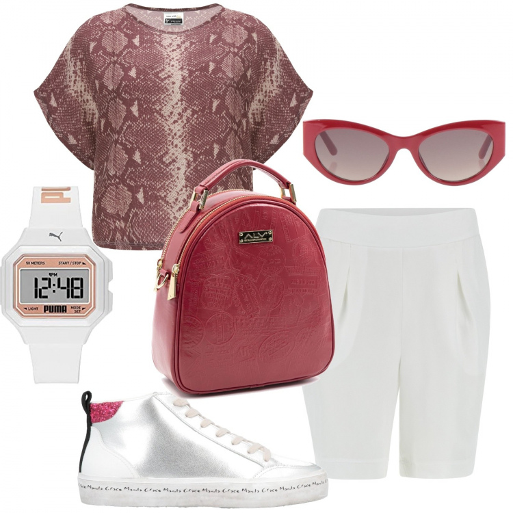 Outfit donna - Il mio look Freddy. Stile Sporty chic per Sport. Abbinamento con occhiali da sole, sneakers alte, zaini, maglieria, shorts, orologi digitali.