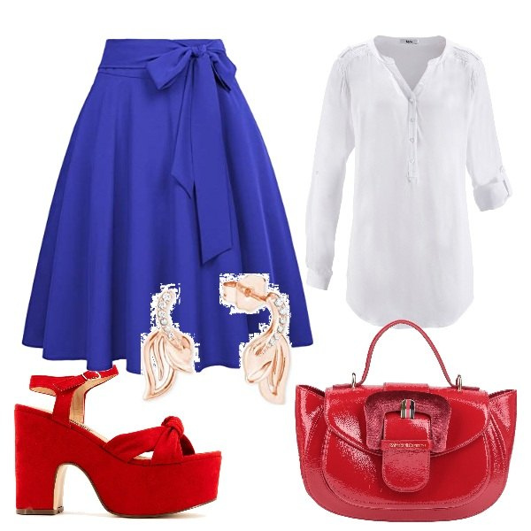 Outfit donna - Curvy e chic. Stile Chic per Tutti i giorni. Abbinamento con tuniche, borse a mano, décolleté, gonne longuette, orecchini.