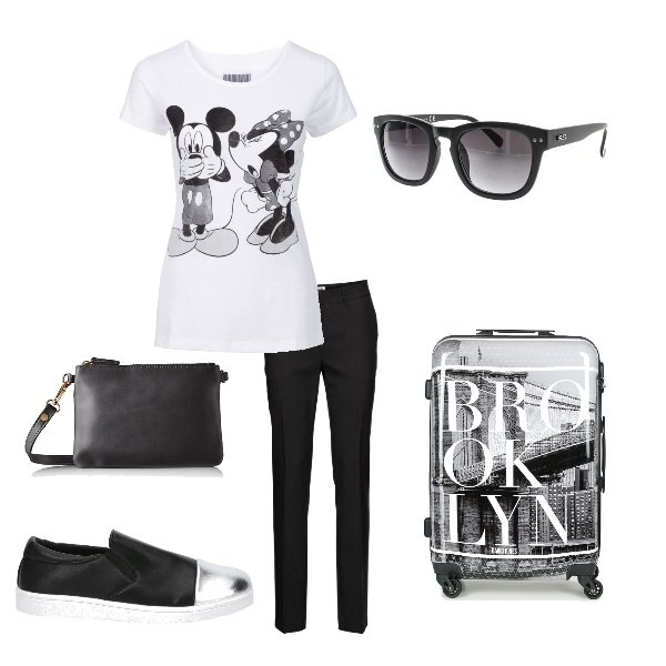 Outfit donna - Rock #2389. Stile Rock per Tutti i giorni. Abbinamento con pantaloni, maglia con stampa bianco, valigia grigio, occhiali da sole, slip contrasto interno in tessuto in pelle sintetica, corpo.