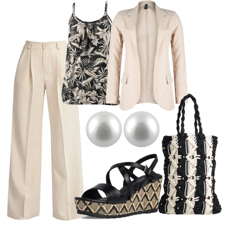 Outfit donna - Bon ton a portata di mano. Stile Bon Ton per Ufficio. Abbinamento con top, borse a mano, pantaloni, blazer, sandali, orecchini.