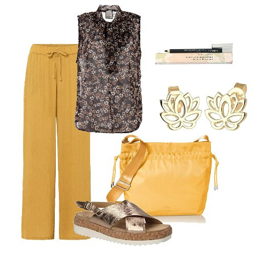 Outfit donna - Giallo di fine estate. Stile Casual chic per Tutti i giorni. Abbinamento con pantaloni, bluse, borse a tracolla, sandali col tacco, orecchini, eyeliner.