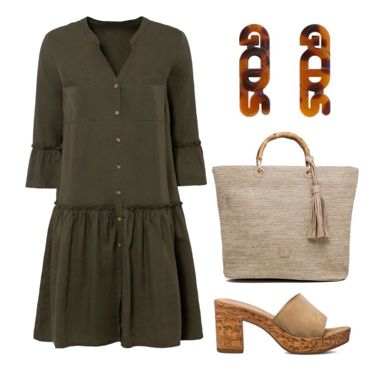 Outfit donna - Abiti in saldo. Stile Casual chic per Tutti i giorni. Abbinamento con vestiti, orecchini, sandali in pelle, borse a mano.