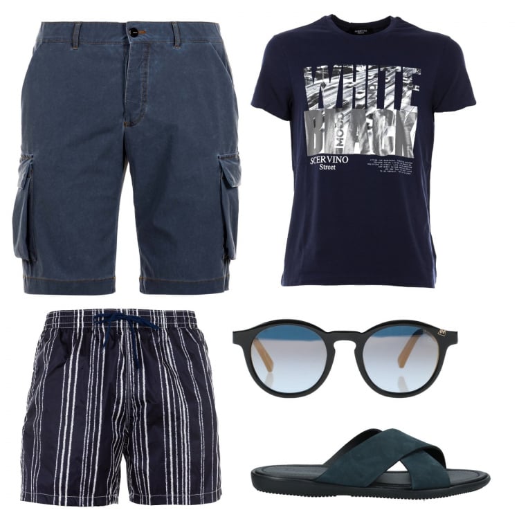 Outfit uomo - Perfetto in boxer. Stile Trendy per Mare. Abbinamento con occhiali da sole, sandali, boxer, shorts, t-shirt.