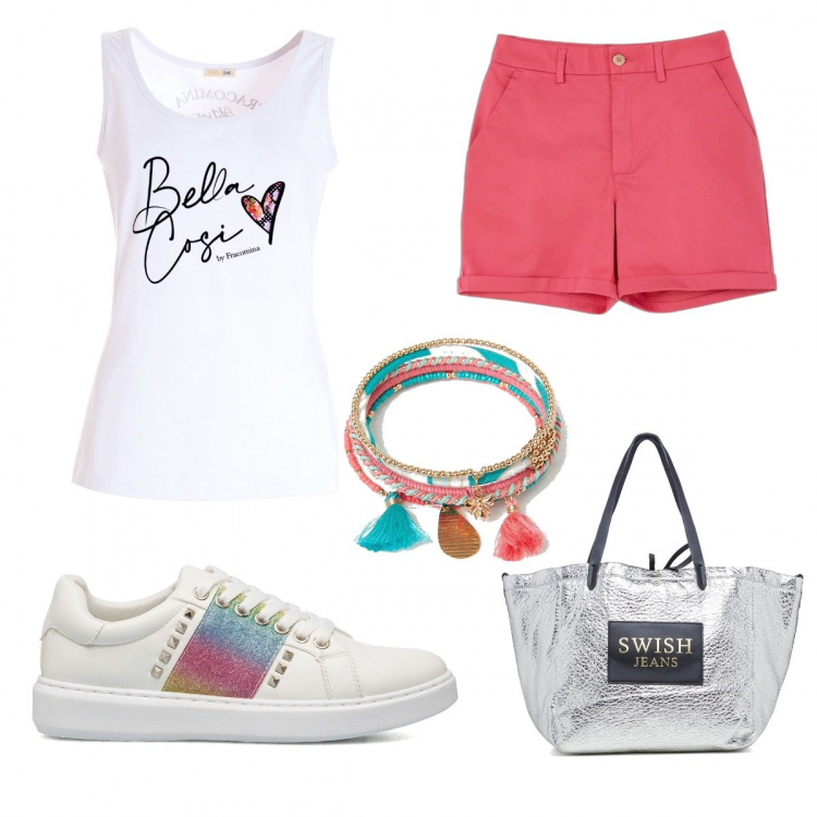 Outfit donna - PittaRosso per Martina. Stile Trendy per Tutti i giorni. Abbinamento con canottiere, shorts, braccialetti, sneakers, borse a spalla.