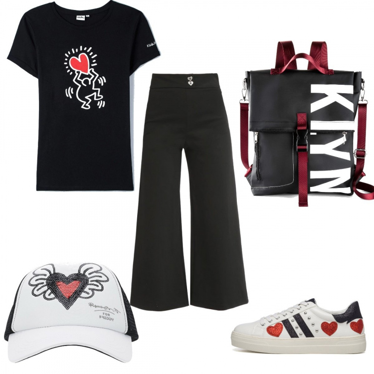 Outfit donna - “La dolce Vita”. Stile Casual per Tutti i giorni. Abbinamento con zaini, t-shirt, pantaloni culotte, cappelli con visiera, sneakers.