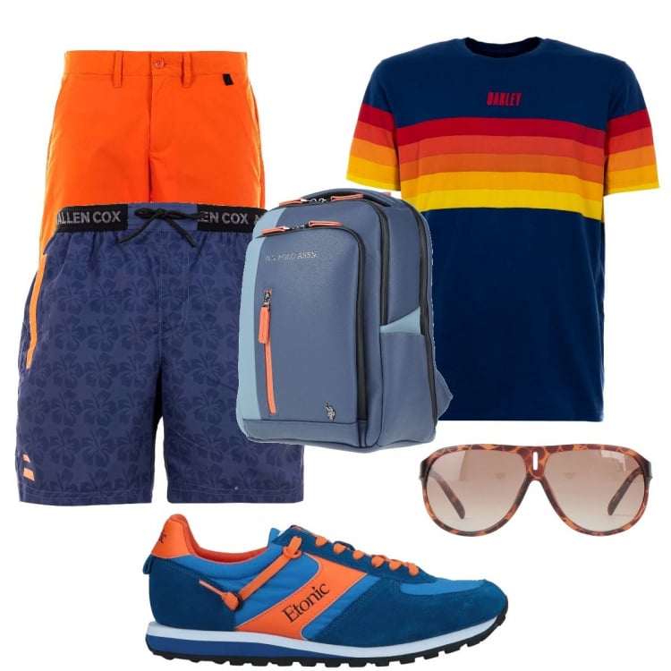 Outfit uomo - Il boxer perfetto. Stile Trendy per Mare. Abbinamento con occhiali da sole, sneakers, borse sportive, boxer, shorts, t-shirt.
