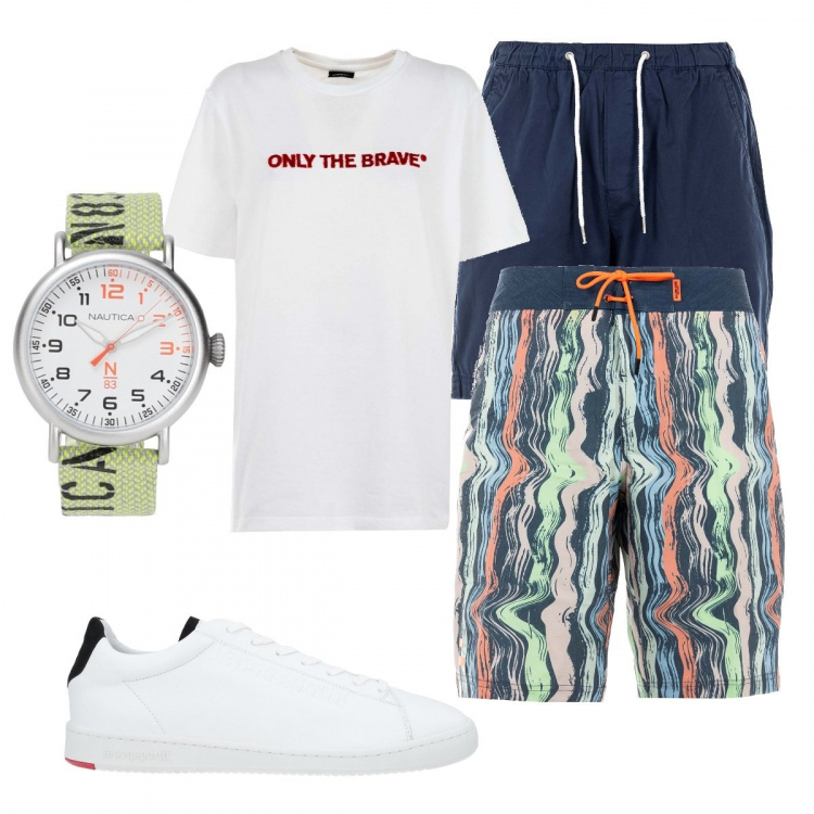 Outfit uomo - Il boxer perfetto 2. Stile Trendy per Mare. Abbinamento con orologi, sneakers, bermuda, boxer, t-shirt.