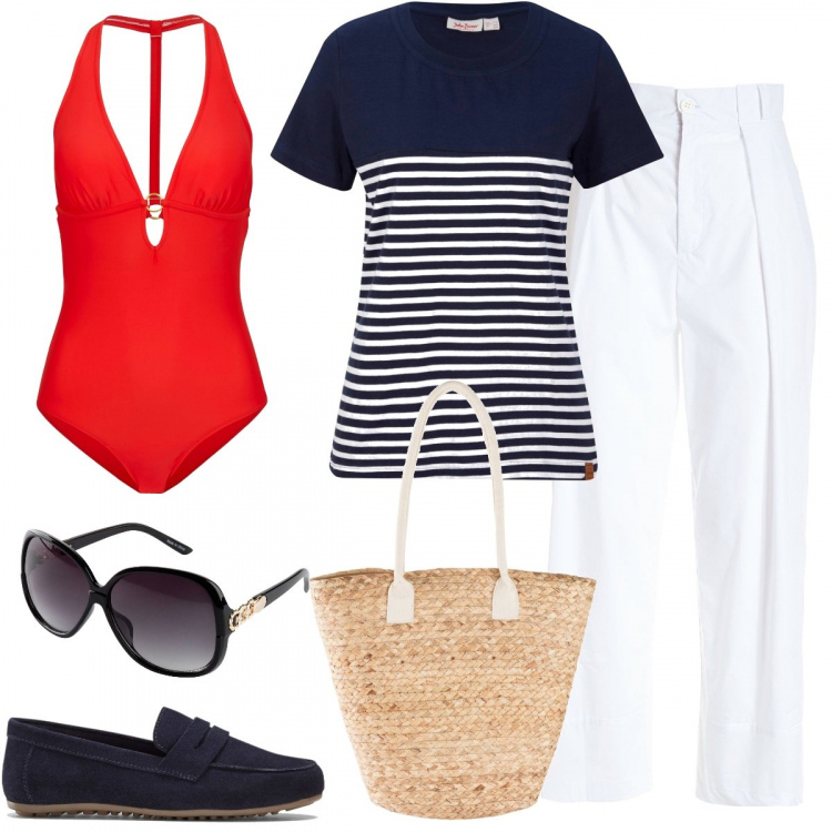 Outfit donna - Total look #1384633. Stile Casual chic per Mare. Abbinamento con t-shirt, occhiali da sole, mocassini, costumi interi, shopping bag, pantaloni.
