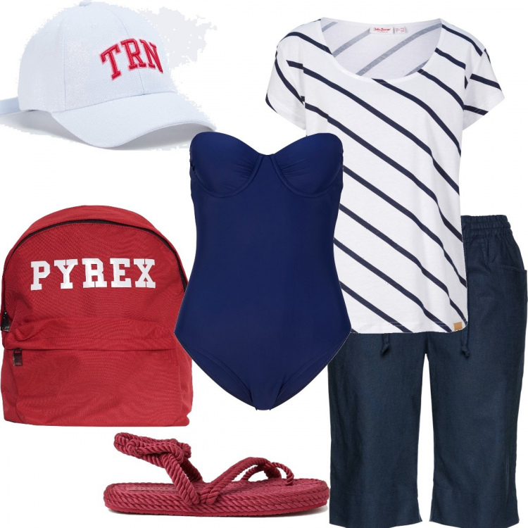 Outfit donna - Total look #1384637. Stile Sporty chic per Mare. Abbinamento con bermuda, t-shirt, costumi interi, cappelli con visiera, zaini, infradito.