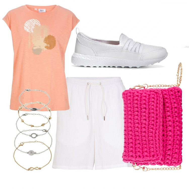 Outfit donna - Casual chic #15195. Stile Casual chic per Mare. Abbinamento con sneakers, braccialetti con ciondoli, maglieria, shorts, borse a tracolla.