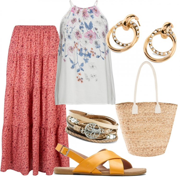 Outfit donna - Total look #1384733. Stile Boho per Mare. Abbinamento con top, braccialetti, gonne lunghe, sandali, orecchini, shopping bag.