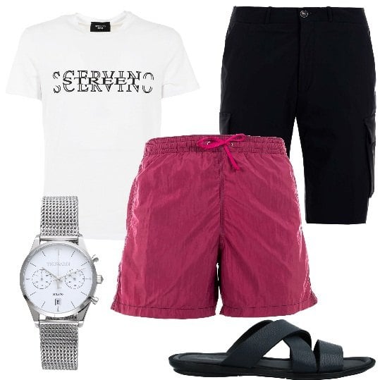 Outfit uomo - Il boxer perfetto per il tuo lui!. Stile Casual per Mare. Abbinamento con sandali, orologi, boxer, t-shirt, bermuda.