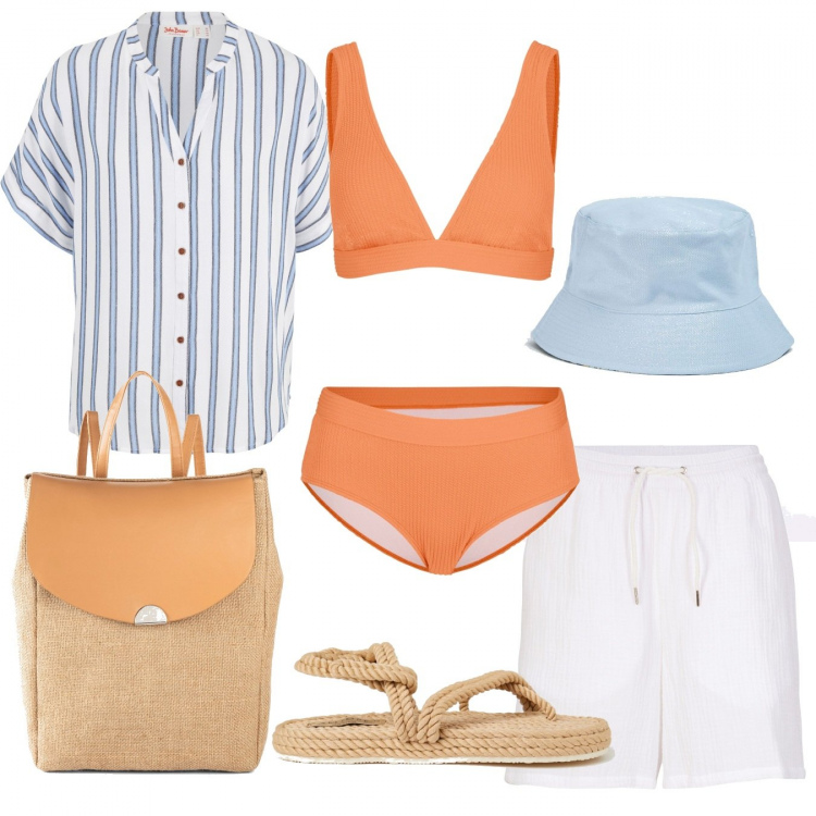 Outfit donna - Agosto in barca. Stile Casual per Mare. Abbinamento con camicie, bikini, zaini, shorts, cappelli con visiera, infradito.