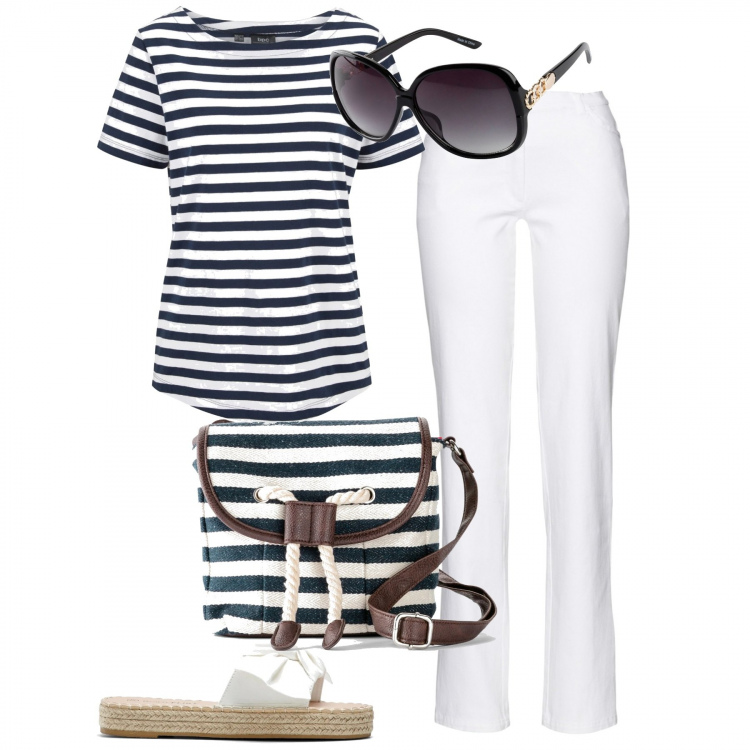 Outfit donna - Agosto on the boat. Stile Casual per Mare. Abbinamento con pantaloni, t-shirt, occhiali da sole, ciabatte, borse a mano.
