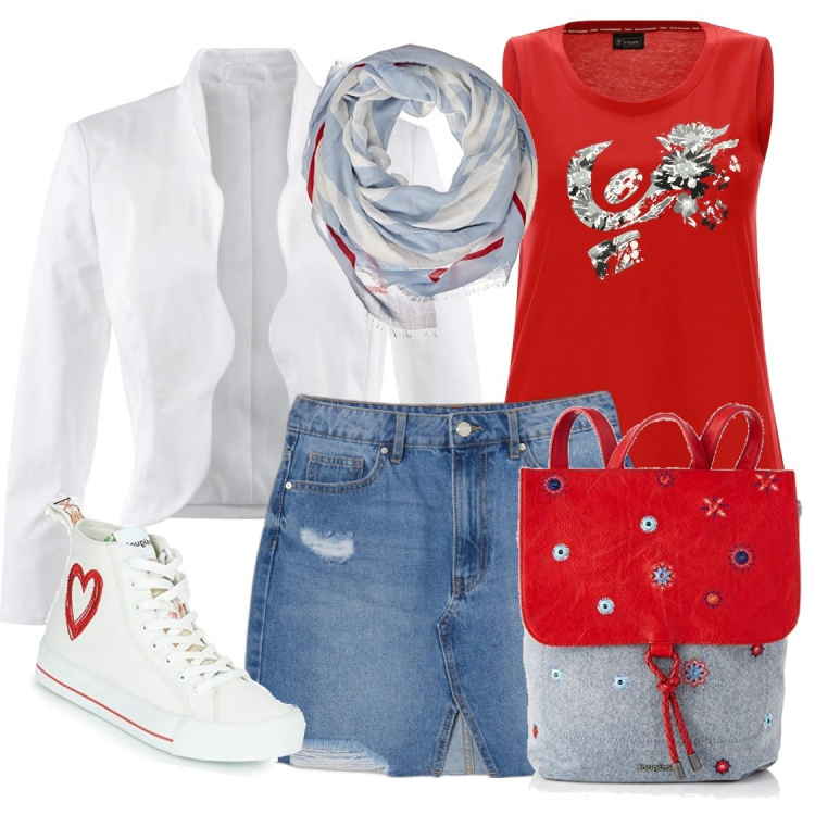 Outfit donna - In gelateria. Stile Casual per Tutti i giorni. Abbinamento con blazer, minigonne, canottiere, zaini, sneakers alte, sciarpe.