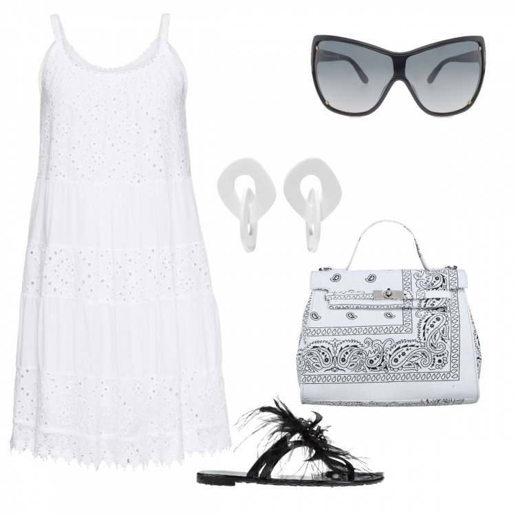 Outfit donna - B&W estivo: felicemente curvy. Stile Casual chic per Mare. Abbinamento con vestiti, borse a mano, infradito, orecchini, occhiali da sole.