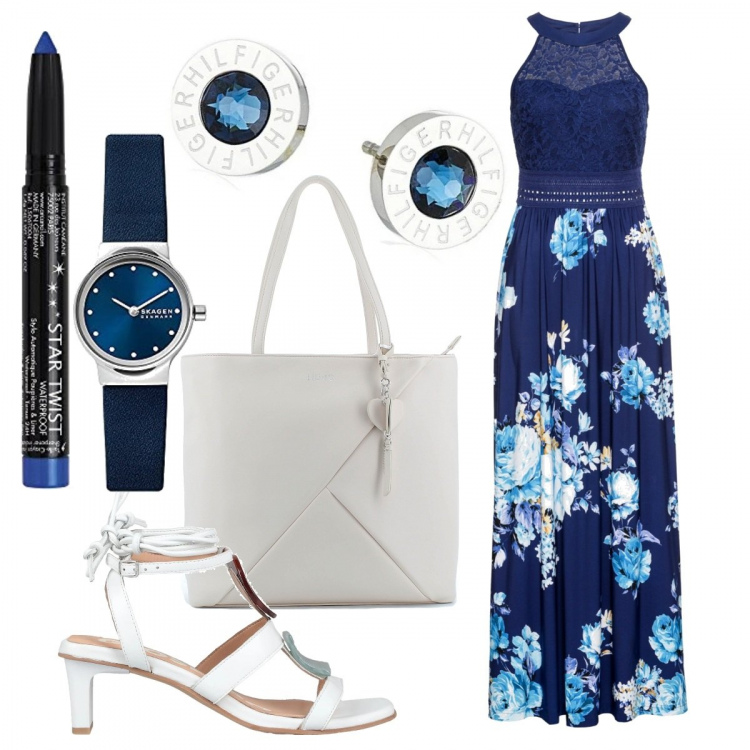 Outfit donna - Total look #1384970. Stile Chic per Serata fuori. Abbinamento con vestiti lunghi, sandali in pelle, borse a mano, orecchini, orologi, ombretti.