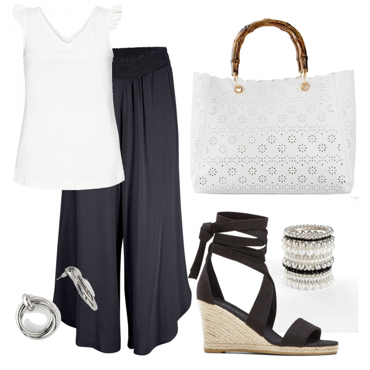 Outfit donna - Easy & Cheap. Stile Boho per Tutti i giorni. Abbinamento con top, braccialetti, pantaloni culotte, borse a mano, sandali, orecchini.