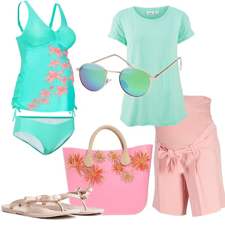 Outfit donna - Tocchi romantici premaman. Stile Romantica per Mare. look ideale per Premaman. Abbinamento con t-shirt, bermuda, costumi interi, borse a mano, infradito, occhiali da sole.