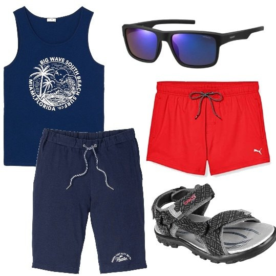 Outfit uomo - Una giornata al mare. Stile Trendy per Mare. Abbinamento con bermuda, sandali, canottiere, costumi, occhiali da sole.