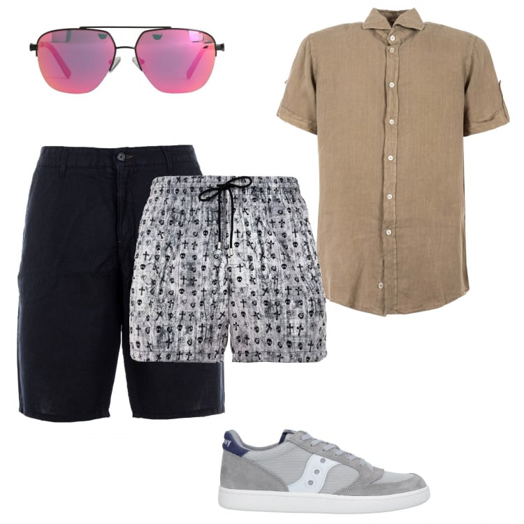 Outfit uomo - Beach Boy. Stile Casual per Tutti i giorni. Abbinamento con sneakers, occhiali da sole, boxer, bermuda, camicie a manica corta.