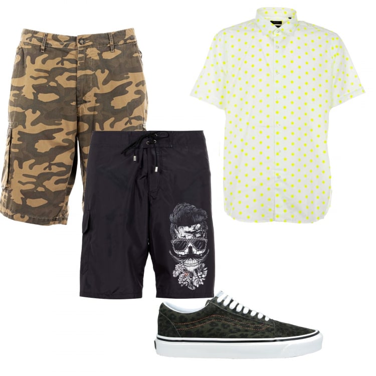 Outfit uomo - Bermuda mimetici. Stile Trendy per Tutti i giorni. Abbinamento con sneakers, bermuda, boxer, camicie a manica corta.