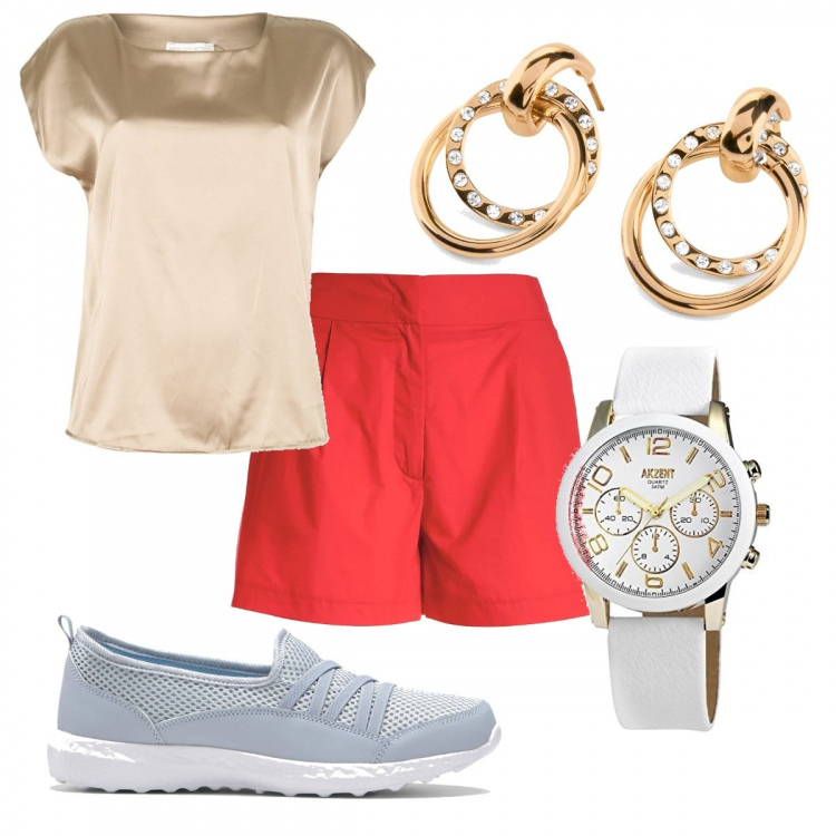 Outfit donna - Total look #1385296. Stile Glamour per Mare. Abbinamento con sneakers, orecchini, bluse, pantaloni corti, orologi analogici.
