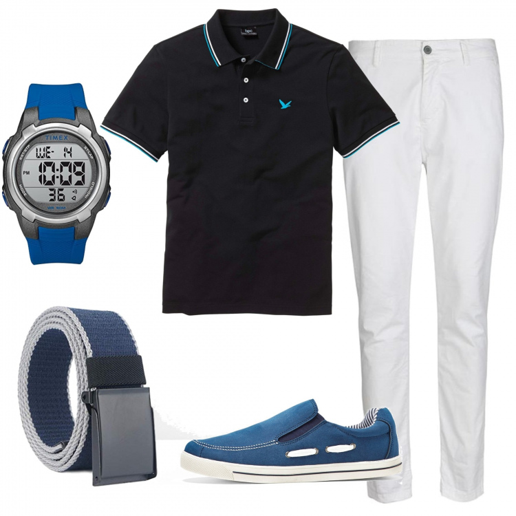 Outfit uomo - Perfetto così. Stile Urban per Tutti i giorni. Abbinamento con polo, scarpe stringate, pantaloni, cinture, orologi digitali.