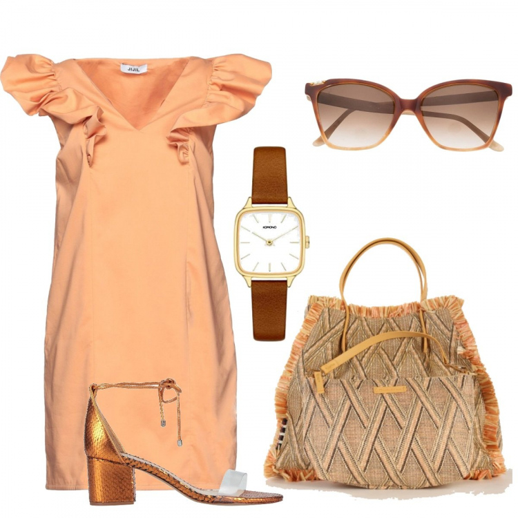 Outfit donna - Tema arancio. Stile Casual chic per Tutti i giorni. Abbinamento con sandali in pelle, vestiti corti, borse a mano, occhiali da sole, orologi.