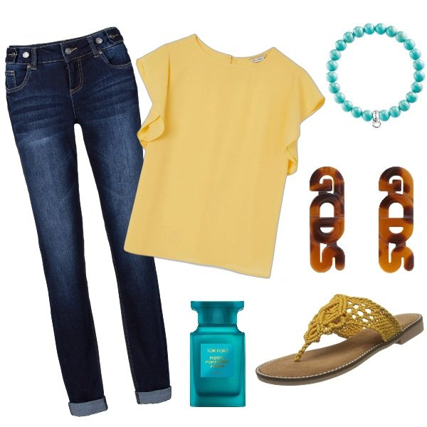 Outfit donna - Yellow is the new black. Stile Sporty chic per Tutti i giorni. Abbinamento con jeans boyfriend, orecchini, bluse, profumi, sabot, braccialetti.
