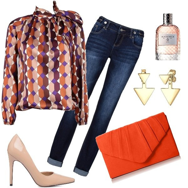 Outfit donna - Vitamines. Stile Casual chic per Serata fuori. Abbinamento con jeans boyfriend, bluse, décolleté, pochette, profumi, orecchini.