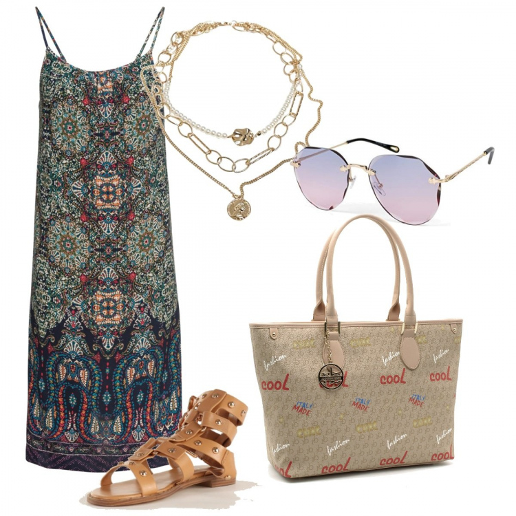 Outfit donna - Total look #1385597. Stile Boho per Mare. Abbinamento con vestiti, sandali alla schiava, shopping bag, ciondoli, occhiali da sole.