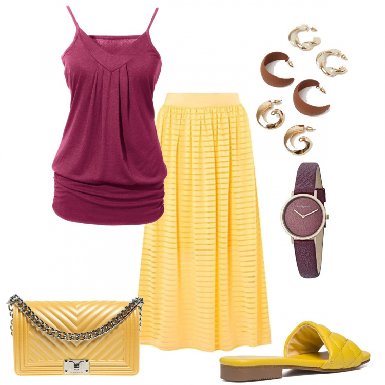 Outfit donna - Un bel mix. Stile Basic per Tutti i giorni. Abbinamento con top, borse a tracolla, orecchini, sandali in pelle, orologi, gonne longuette.
