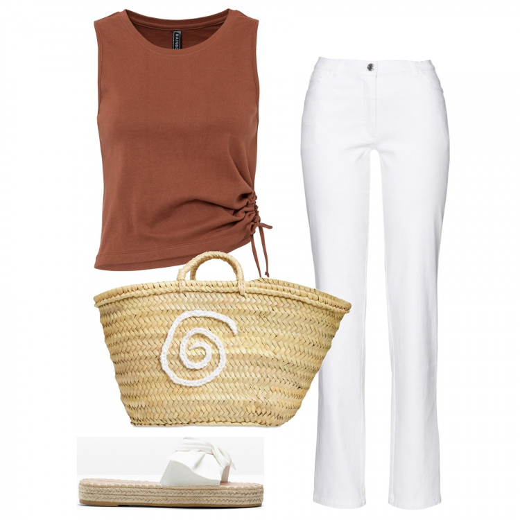 Outfit donna - Un pomeriggio al mare. Stile Casual per Mare. Abbinamento con pantaloni, top, ciabatte, borse a mano.