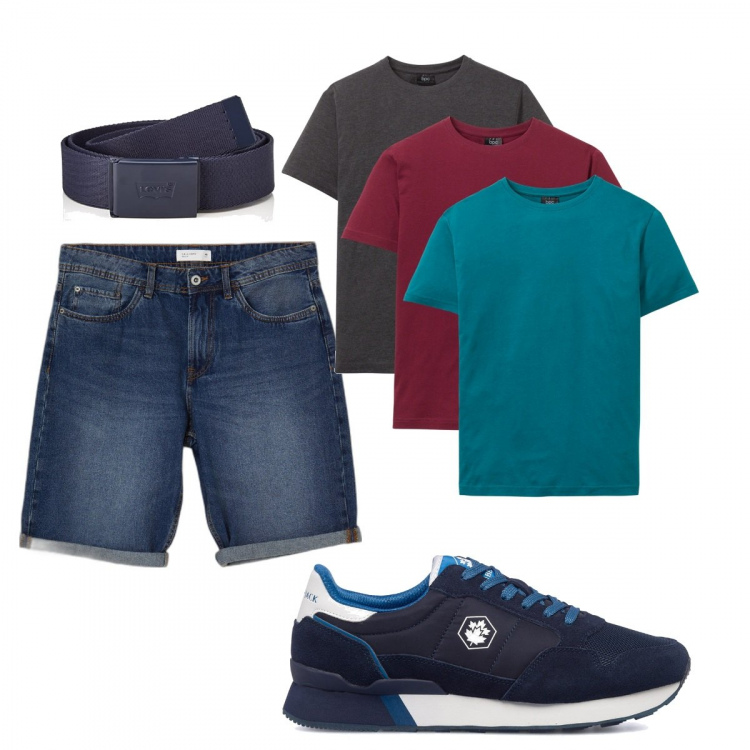 Outfit uomo - Basic Tshirt. Stile Casual per Tutti i giorni. Abbinamento con t-shirt, bermuda, sneakers, cinture.