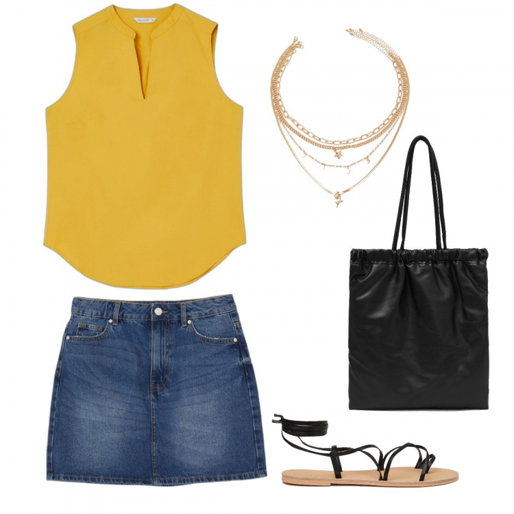 Outfit donna - Calliope sale’s. Stile Trendy per Serata fuori. Abbinamento con top, minigonne, shopping bag, sandali alla schiava, ciondoli.
