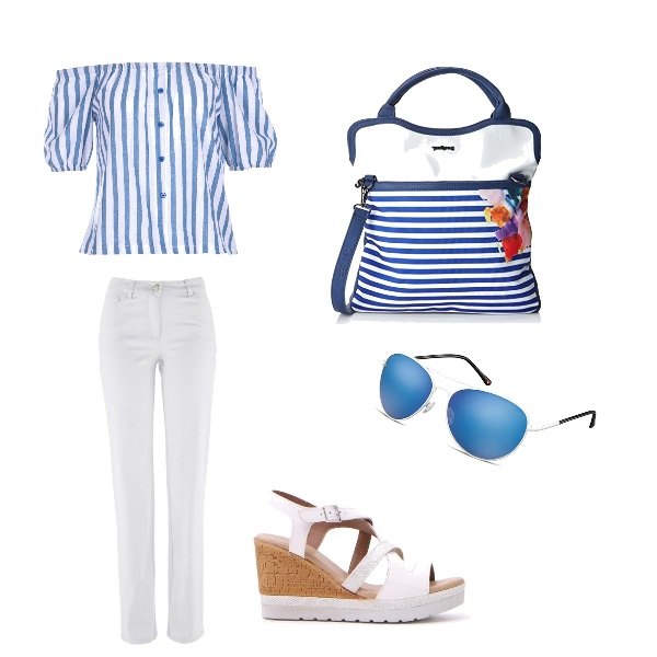Outfit donna - Tutti i giorni. Stile Trendy per Mare. Abbinamento con pantaloni, occhiali da sole, borsa a tracolla bianco, sandali con zeppe, blusa in cotone con bottoni.