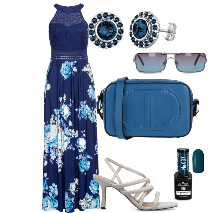 Outfit donna - Fiori e pizzo. Stile Romantica per Mare. Abbinamento con vestiti lunghi, borse a tracolla, occhiali da sole, sandali in pelle, smalti, orecchini.