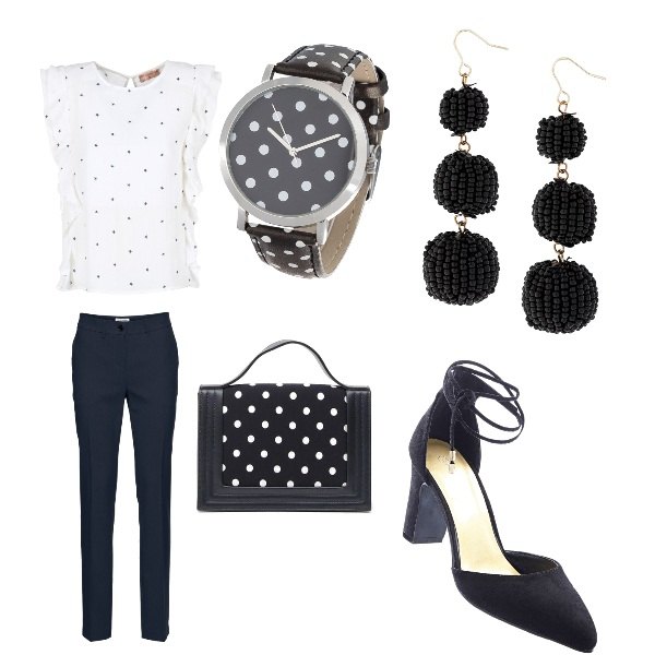 Outfit donna - Ufficio. Stile Bon Ton per Ufficio. Abbinamento con pantaloni, décolleté pumps con lacci nero, orologio a pois nero, orecchini a goccia nero, camicetta bianco, borsa a tracolla con manico e stampa in tessuto tecnico rigido.