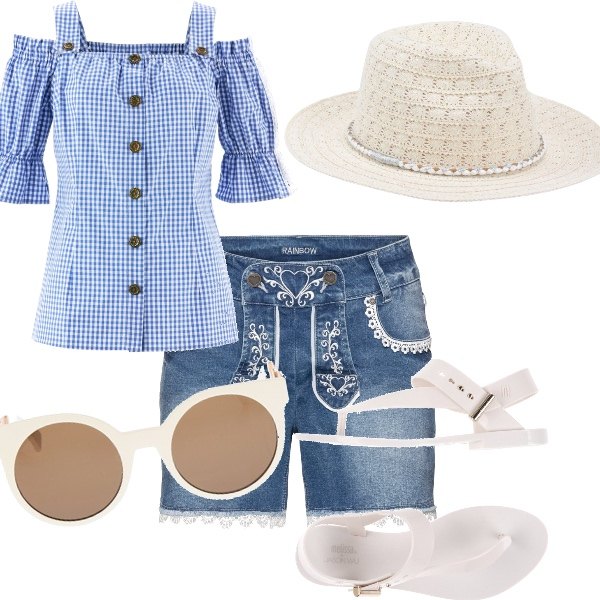Outfit donna - Verso il mare. Stile Basic per Tutti i giorni. Abbinamento con camicie a manica corta, shorts con pizzo in denim blu, sandali, sabot, mules e ciabattine trendy, cappello con pizzo in cotone tinta unita, occhiali da sole e montature per occhiali da vista effetto acetato.