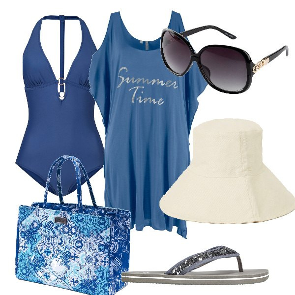 Outfit donna - Total look #1386212. Stile Basic per Mare. Abbinamento con infradito, occhiali da sole, costumi interi, vestiti da spiaggia, borse a mano, cappelli.