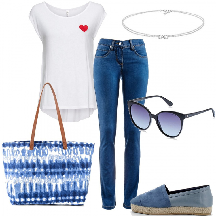 Outfit donna - Con le espadrillas. Stile Casual per Tutti i giorni. Abbinamento con jeans dritti, maglieria, shopping bag, sneakers, occhiali da sole, collane.
