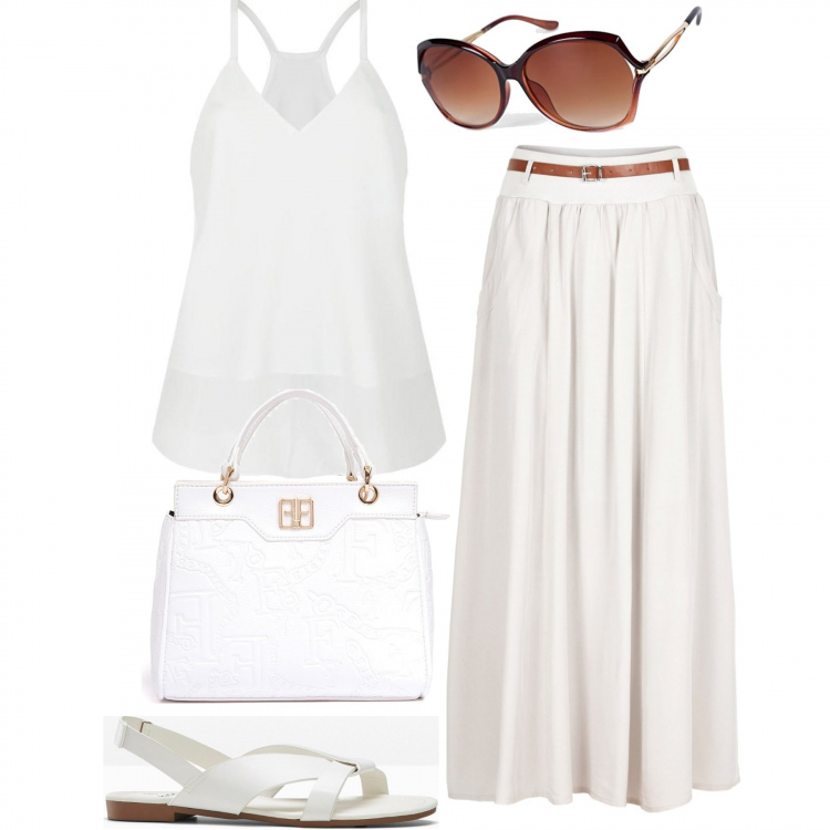 Outfit donna - Total White. Stile Casual per Tutti i giorni. Abbinamento con gonne lunghe, sandali, top, borse tote, occhiali da sole.