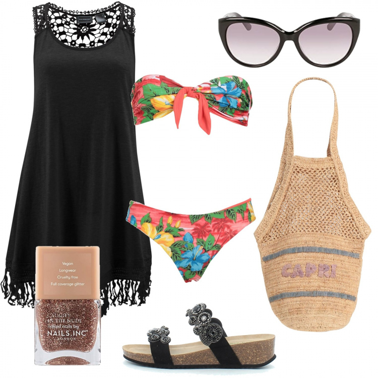 Outfit donna - Fiori in agosto. Stile Etnico per Mare. Abbinamento con vestiti da spiaggia, bikini, borse a mano, zeppe, smalti, occhiali da sole.