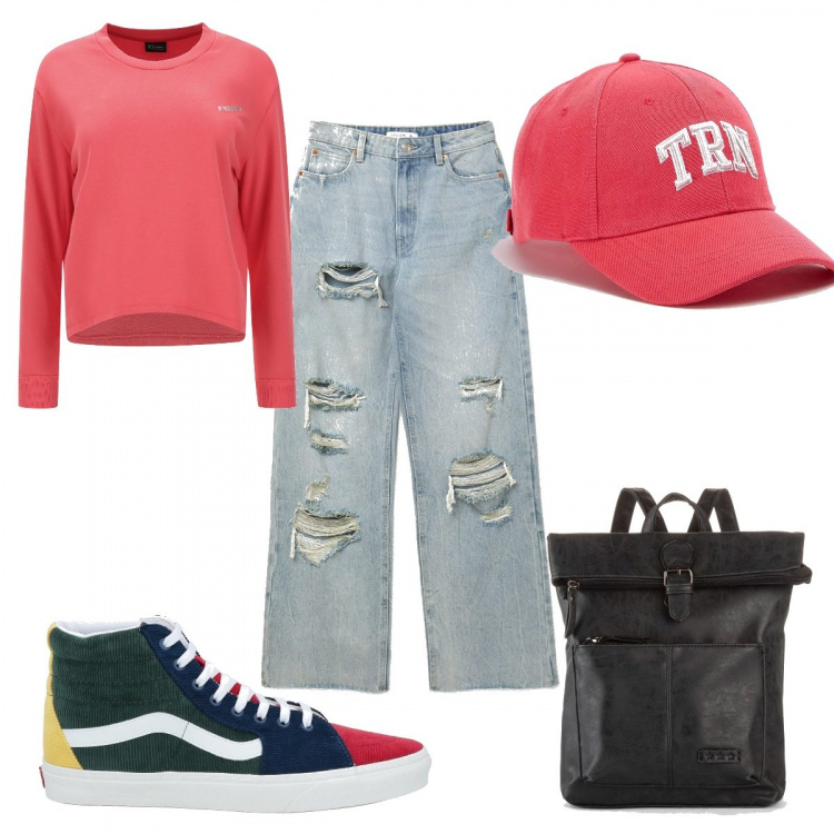 Outfit donna - Scelgo il cappello di Terranova. Stile Urban per Tutti i giorni. Abbinamento con zaini, sneakers, cappelli con visiera, jeans strappati, felpe.